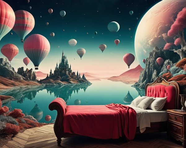 Surreal Landscape with Bed, Balloons, and Celestial Body