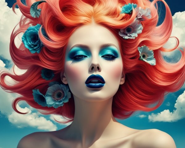 Portrait of a woman with orange hair and blue flowers