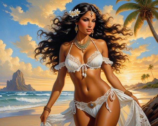 Elegant Woman in White Bikini on Tropical Beach