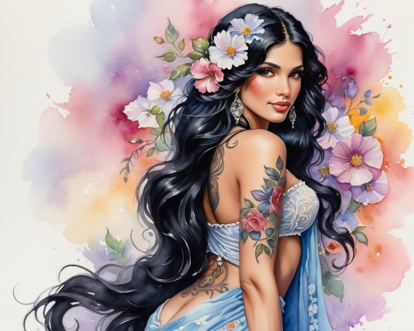 Elegant Woman with Floral Tattoos in Watercolor Scene