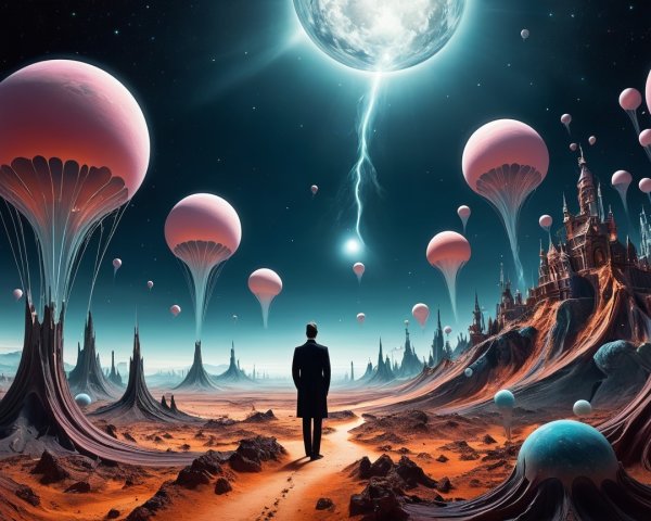 Alien Landscape with Man on Dirt Road and Structures