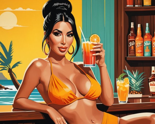 Glamorous Woman at Tropical Bar with Sunset View