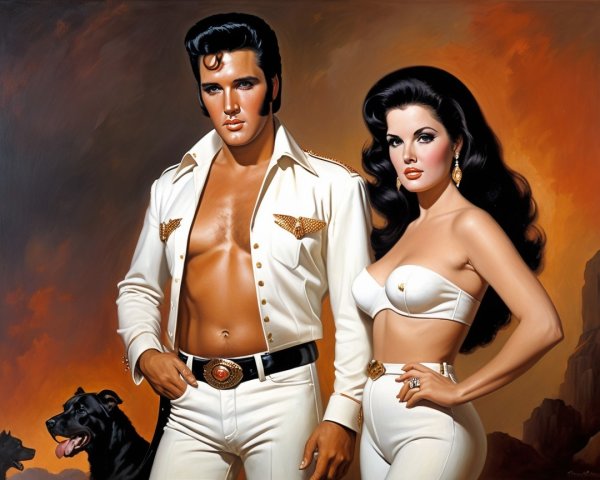 Stylized portrayal of a man and woman in white outfits
