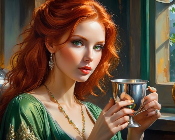 Elegant Woman in Green Dress with Red Hair and Cup