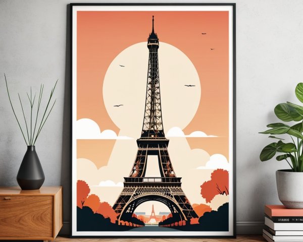 Stylized Eiffel Tower with Orange Backdrop and Silhouettes