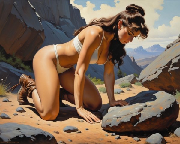 Muscular Woman in Bikini on Rocky Desert Terrain