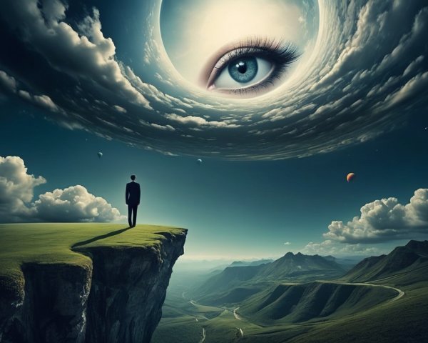 Solitary Figure on Cliff with Surreal Sky and Balloons