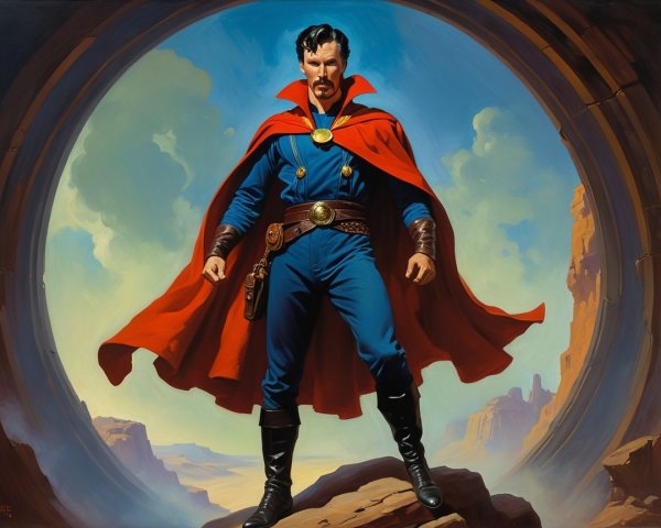Heroic figure in blue with red cape in surreal landscape
