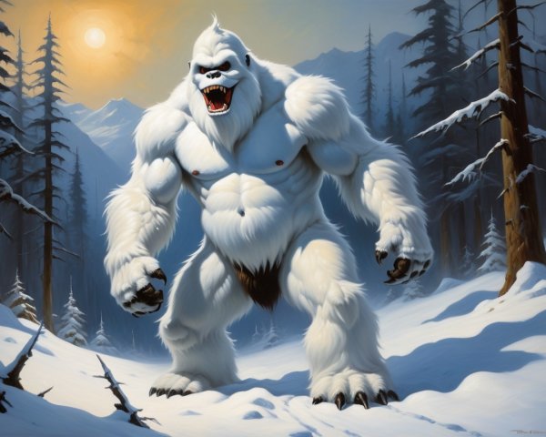Fierce Yeti in Snowy Landscape at Sunset