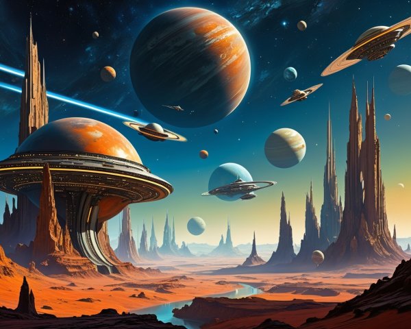 Extraterrestrial Landscape with Rock Formations and Planets