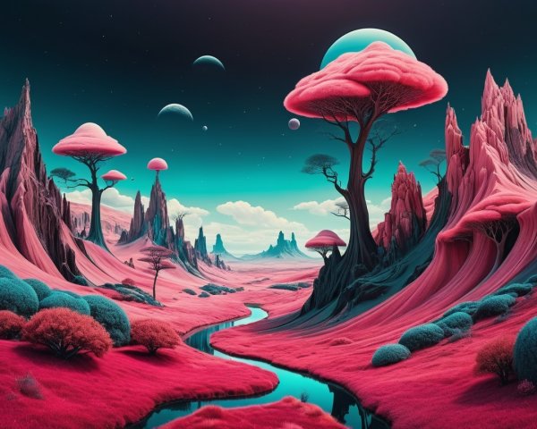 Surreal Landscape with Pink Foliage and Turquoise Sky