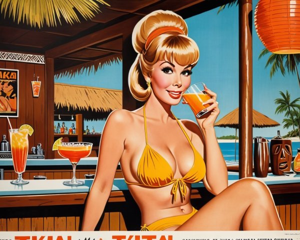 Retro Illustration of Woman at Tropical Bar