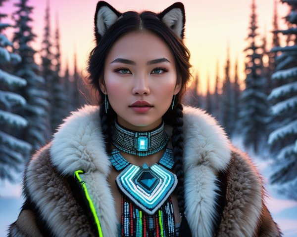 Young Woman in Traditional Attire in Winter Landscape