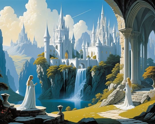 Fantasy Landscape with Ethereal Figures and Castles