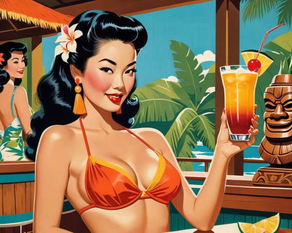 Retro Summer Scene with Woman in Orange Bikini