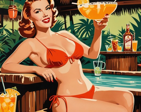 Vibrant Retro Illustration of Woman by Tropical Pool