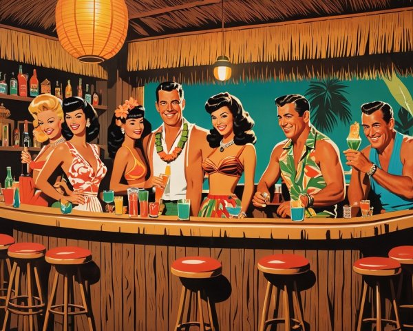 Mid-20th Century Tiki Bar Scene with Tropical Drinks