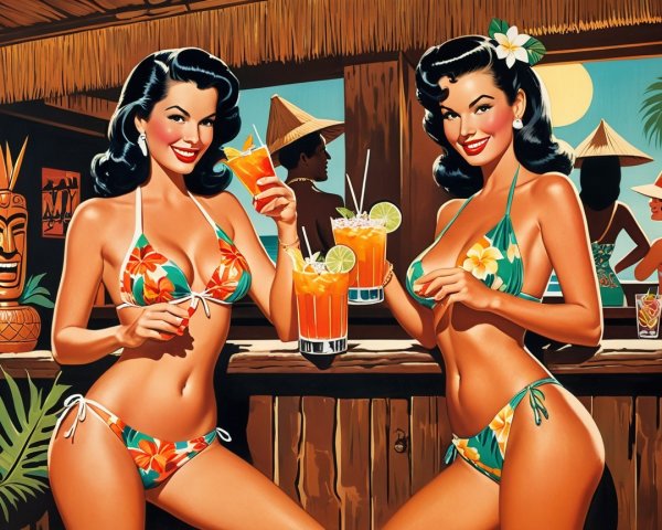 Two Women in Floral Bikinis at Tiki Bar Sunset Scene