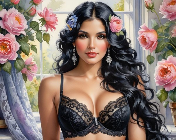 Woman with Black Hair and Roses in Soft Light