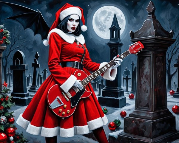 Gothic Woman with Guitar in Snowy Cemetery Scene