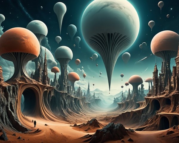 Surreal Landscape with Mountains and Floating Orbs