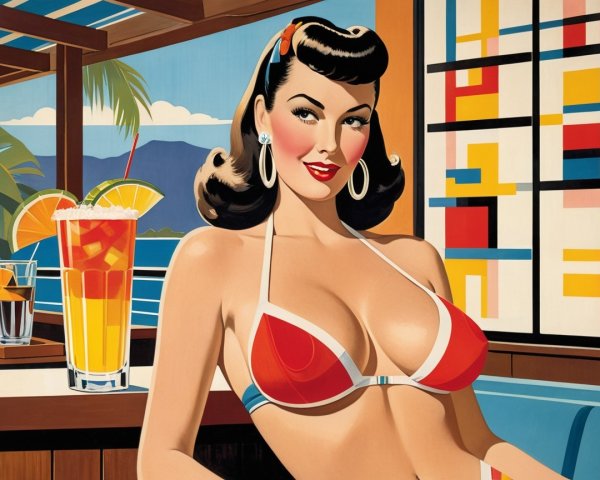 Vibrant Retro Illustration of Woman in Tropical Setting