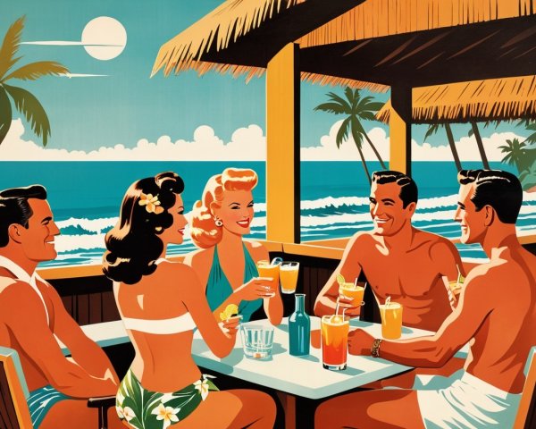 Vibrant Retro Scene of Friends at Beachfront Bar