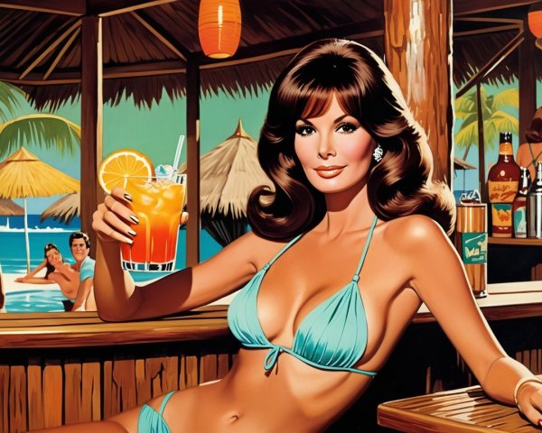 Glamorous Woman in Turquoise Bikini at Beach Bar