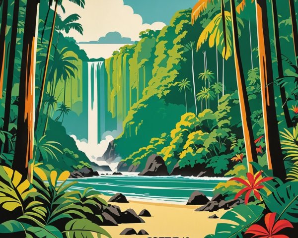 Vibrant Tropical Landscape with Waterfall and Pool