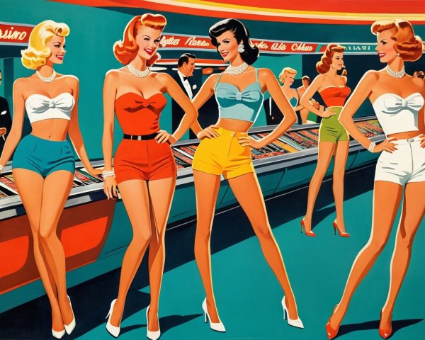 Vibrant Retro Scene of Stylish Women at a Casino