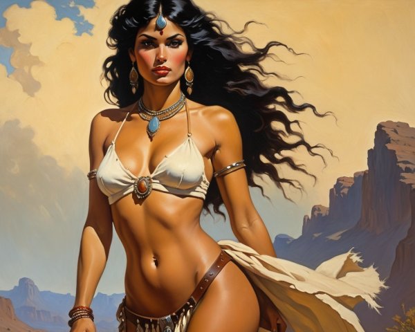 Elegant figure in desert with flowing hair and jewelry