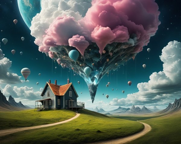 Surreal Fantasy Landscape with Cozy House and Balloons