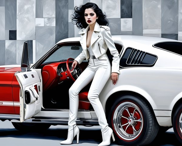 Young Woman in White Outfit Next to Classic Muscle Car