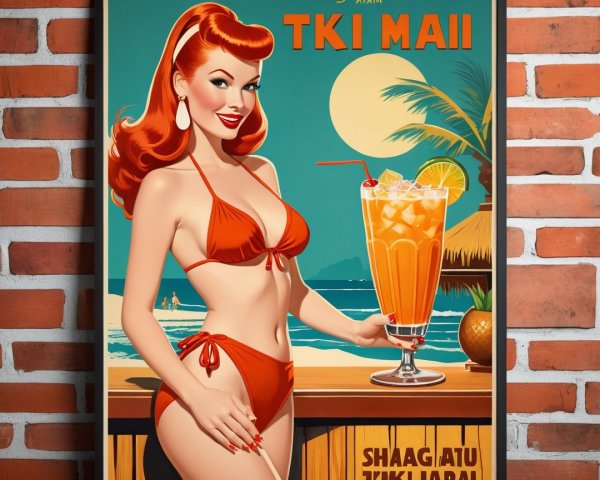 Vintage Illustration of Glamorous Woman at Tiki Bar