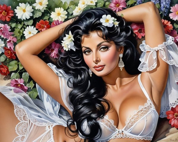 Glamorous Woman Surrounded by Vibrant Flowers