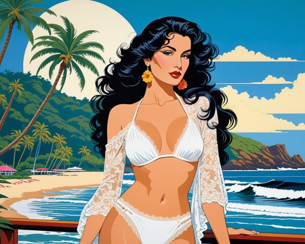 Glamorous Woman in Bikini at Tropical Beach Scene