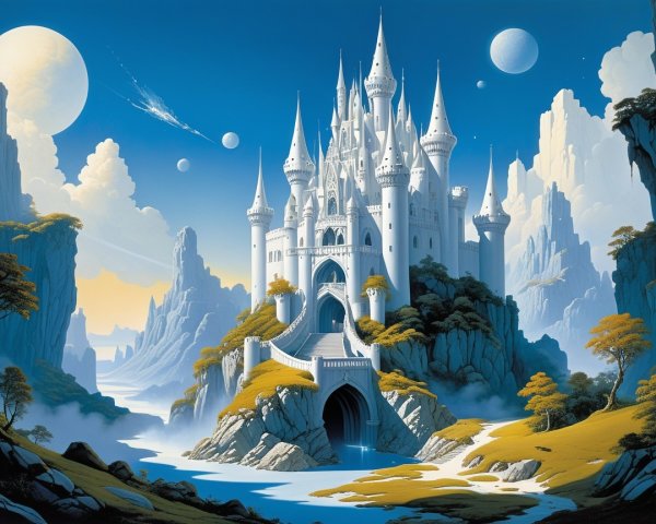 Majestic castle on cliffs with vibrant trees and river