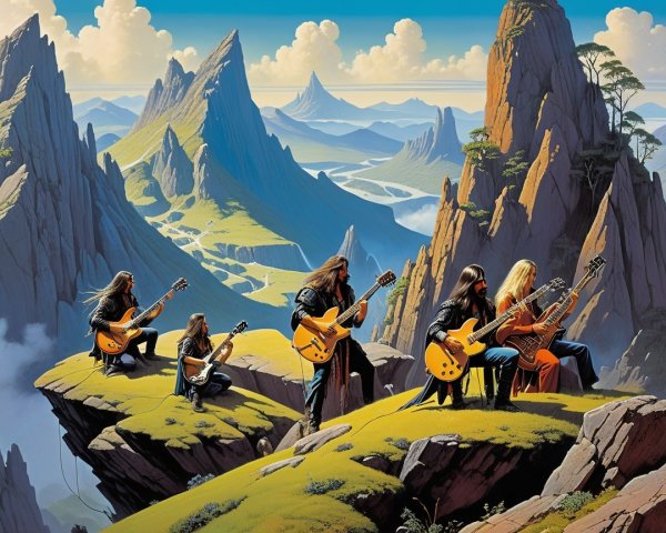 Musicians Performing on Cliffs Amidst Scenic Landscape