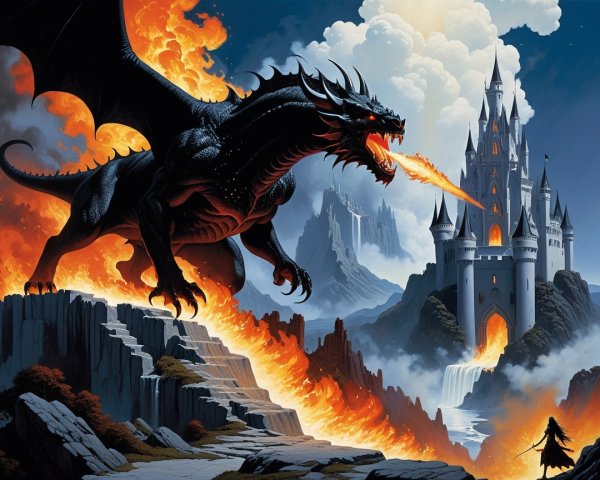 Black Dragon Breathing Fire Over Dramatic Landscape