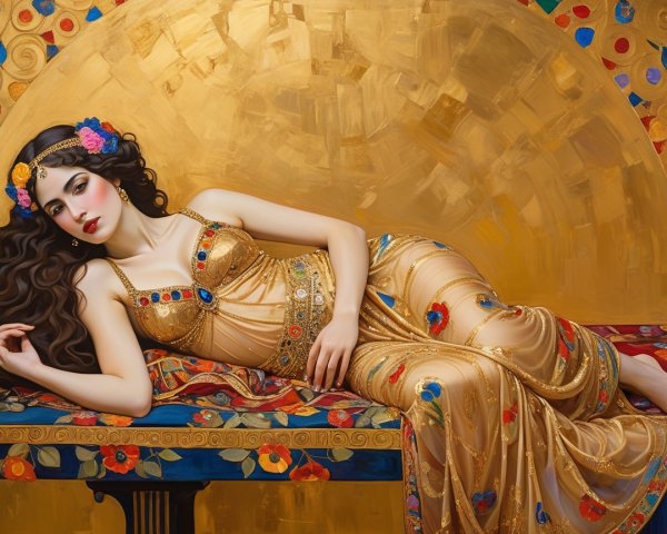 Stunning Woman in Golden Gown on Ornate Table