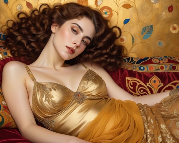 Elegant Woman in Gold on Richly Colored Fabric