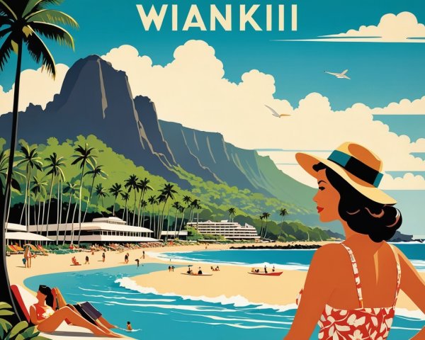 Retro Beach Scene with Tropical Landscape and Sunbathers