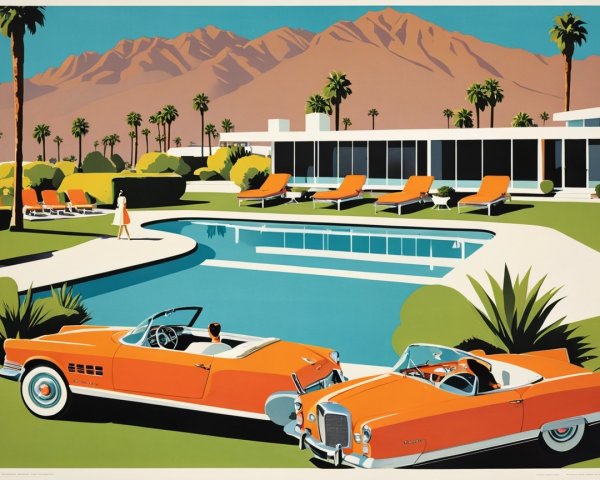 Vibrant Retro Scene with Classic Cars and Poolside Elegance