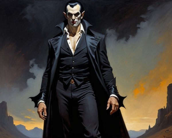 Vampire Figure in Dramatic Desert Landscape at Dusk