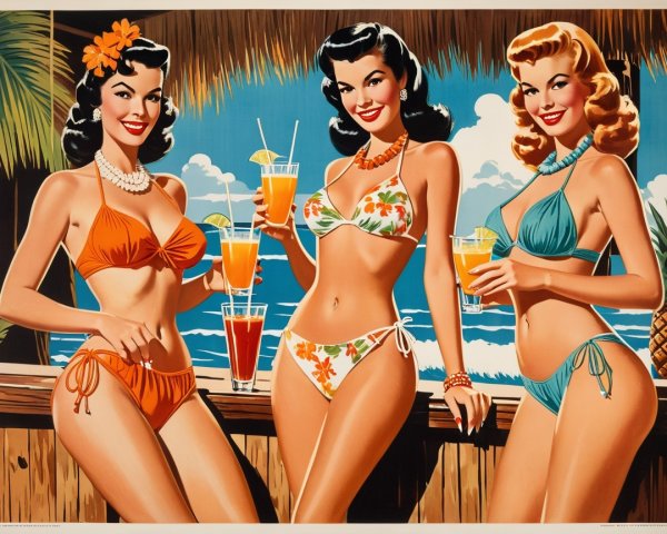 Glamorous Women in Bikinis at Tropical Bar Scene