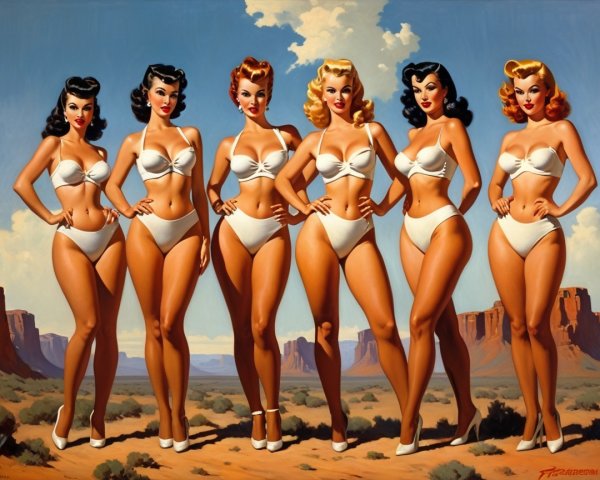 Glamorous Pin-Up Models in Vintage Swimwear in Desert