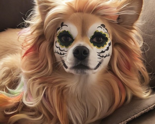 Fluffy Dog with Colorful Face Paint on Couch