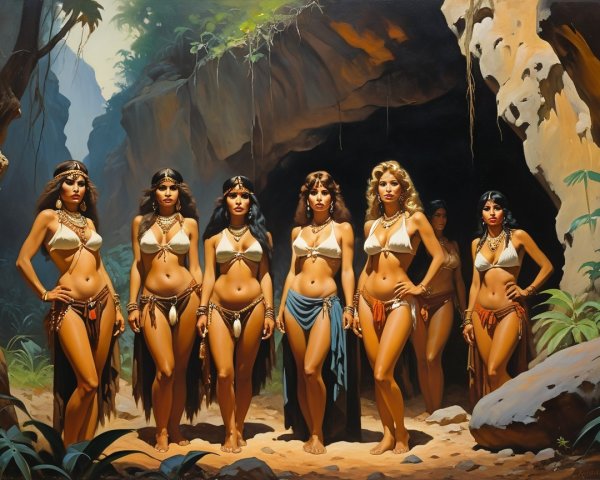 Women in Tribal Clothing Outside a Cave in Nature