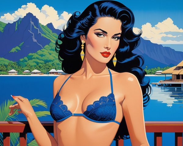 Glamorous Woman in Blue Bikini at Tropical Paradise