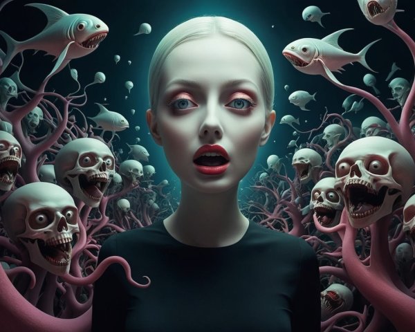 Horror Digital Painting of Pale Woman Among Skulls and Fish